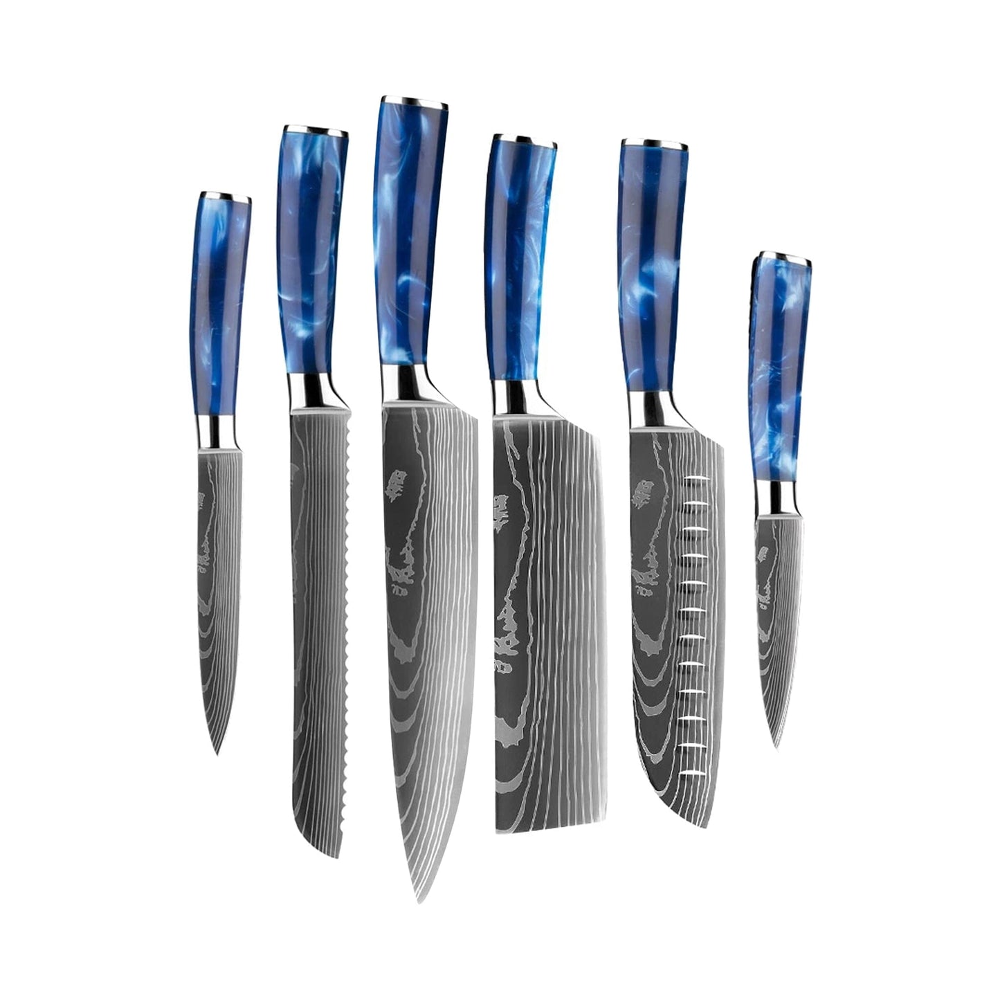 Shinrai Japan - Epoxy Sapphire Damascus Print 6-delige Messenset + Magnetisch Messenblok Dubbelzijdig - Zwart Messenset met blok Shinrai Japan 