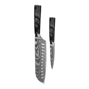 Shinrai Knives - Damascus Print Epoxy Onyx 2-delige Messenset - Santoku + Schilmes Messenset Shinrai Knives 