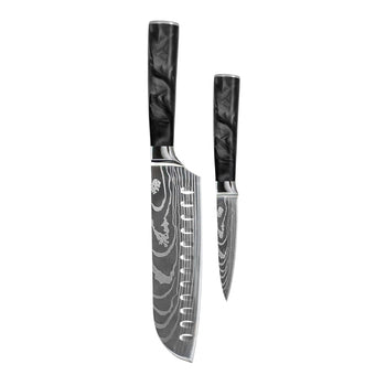 Shinrai Knives - Damascus Print Epoxy Onyx 2-delige Messenset - Santoku + Schilmes Messenset Shinrai Knives 