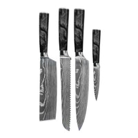 Shinrai Knives - Damascus Print Epoxy Onyx 4-delige Messenset - Koksmes + Broodmes + Nakiri + Schilmes Messenset Shinrai Knives 