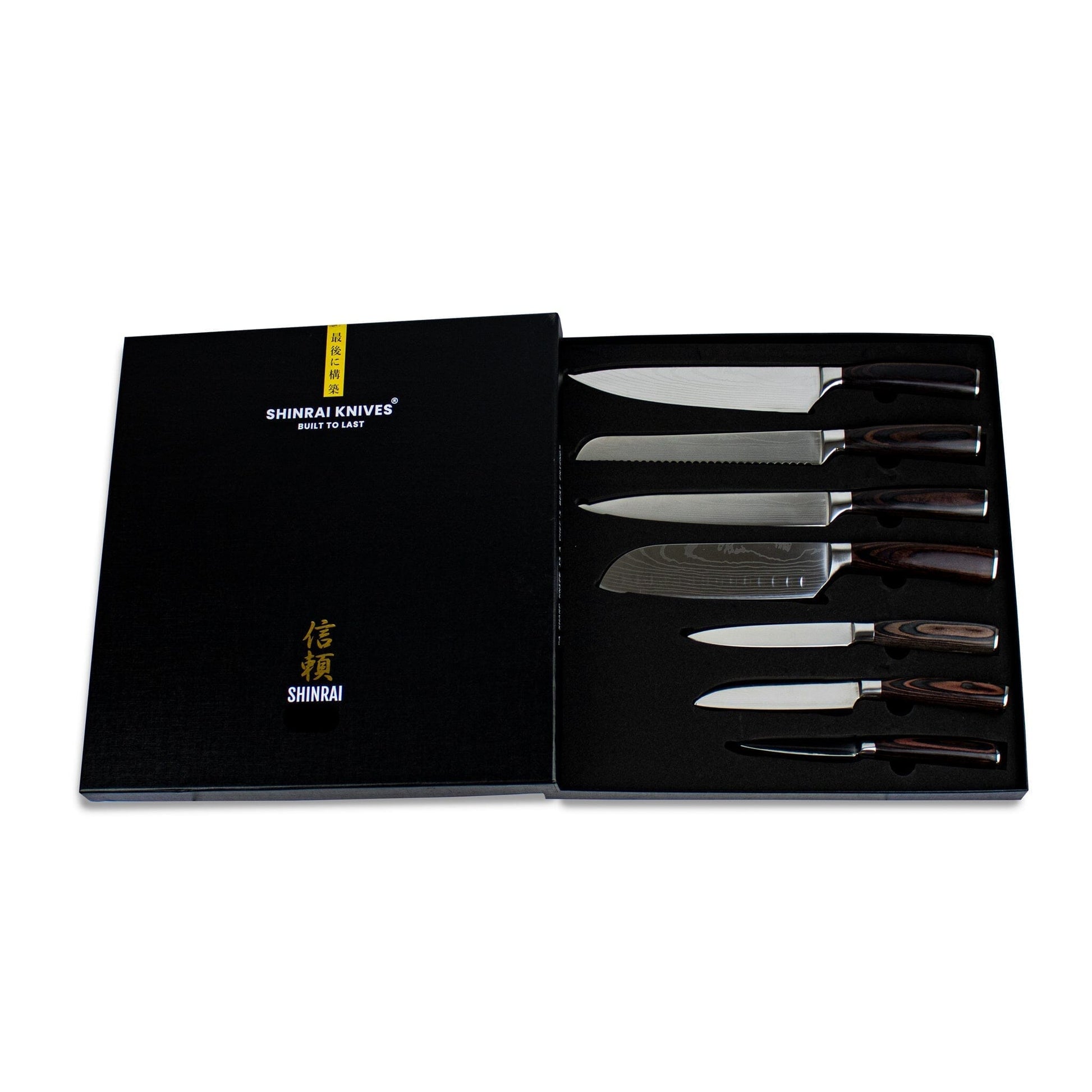Shinrai Knives - Damascus Print Mega Bundel - All you need Messenset met blok, snijplank en slijpsteen Shinrai Knives 