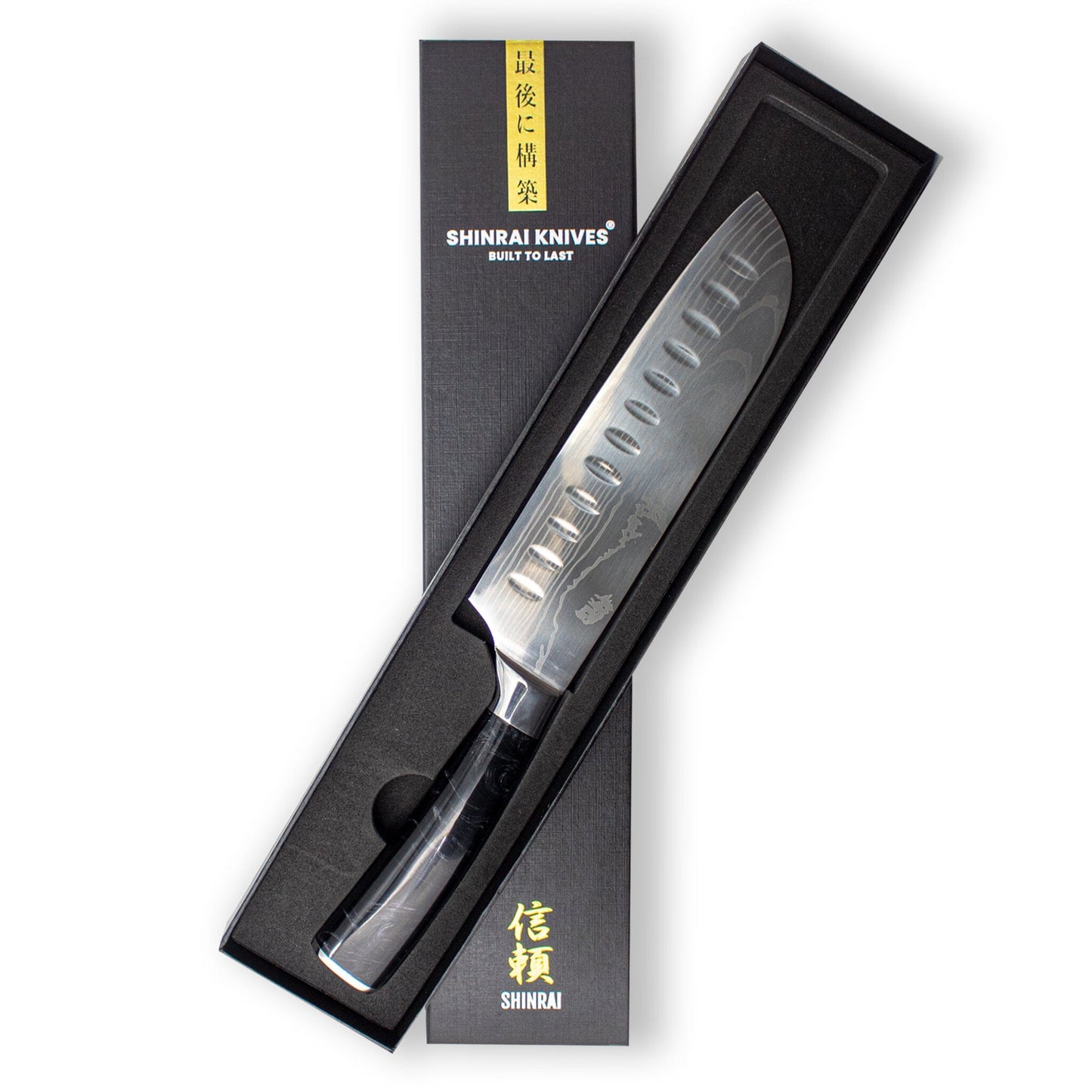Shinrai Knives - Damascus Print Onyx Epoxy Santoku mes 18cm Santokumes Shinrai Knives 