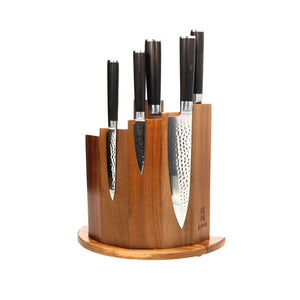 Shinrai Knives - Hammered Damast BR 5-delige Messenset + Magnetisch Messenblok Scalae - Acacia Messenset met blok Shinrai Knives 