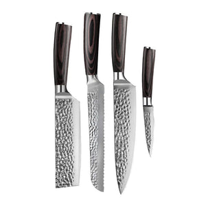 Couteaux Shinrai - Coffret de 4 couteaux en acier inoxydable martelé - Couteau de chef + Couteau à pain + Nakiri + Couteau d'office