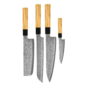 Couteaux Shinrai - Ensemble de couteaux Damas 4 pièces Takumi Kaza - Couteau de chef + Couteau à pain + Nakiri + Couteau d'office Ensemble de couteaux Shinrai Knives
